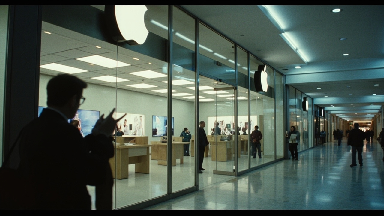 An Apple Store entrance in a shopping mall with a union sign visible in the window