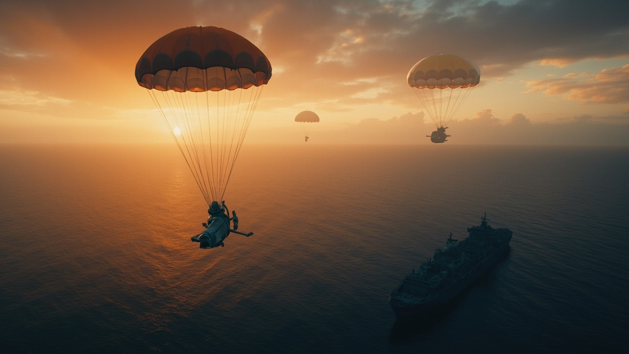 The Orion capsule descending under parachutes toward the Pacific Ocean at sunset with the USS John P. Murtha waiting below