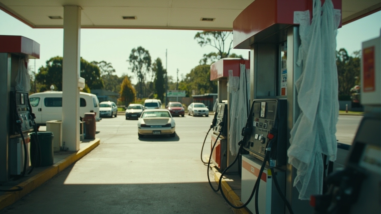 An Australian petrol station with some pumps wrapped in out-of-service bags and a queue of cars at the operational ones