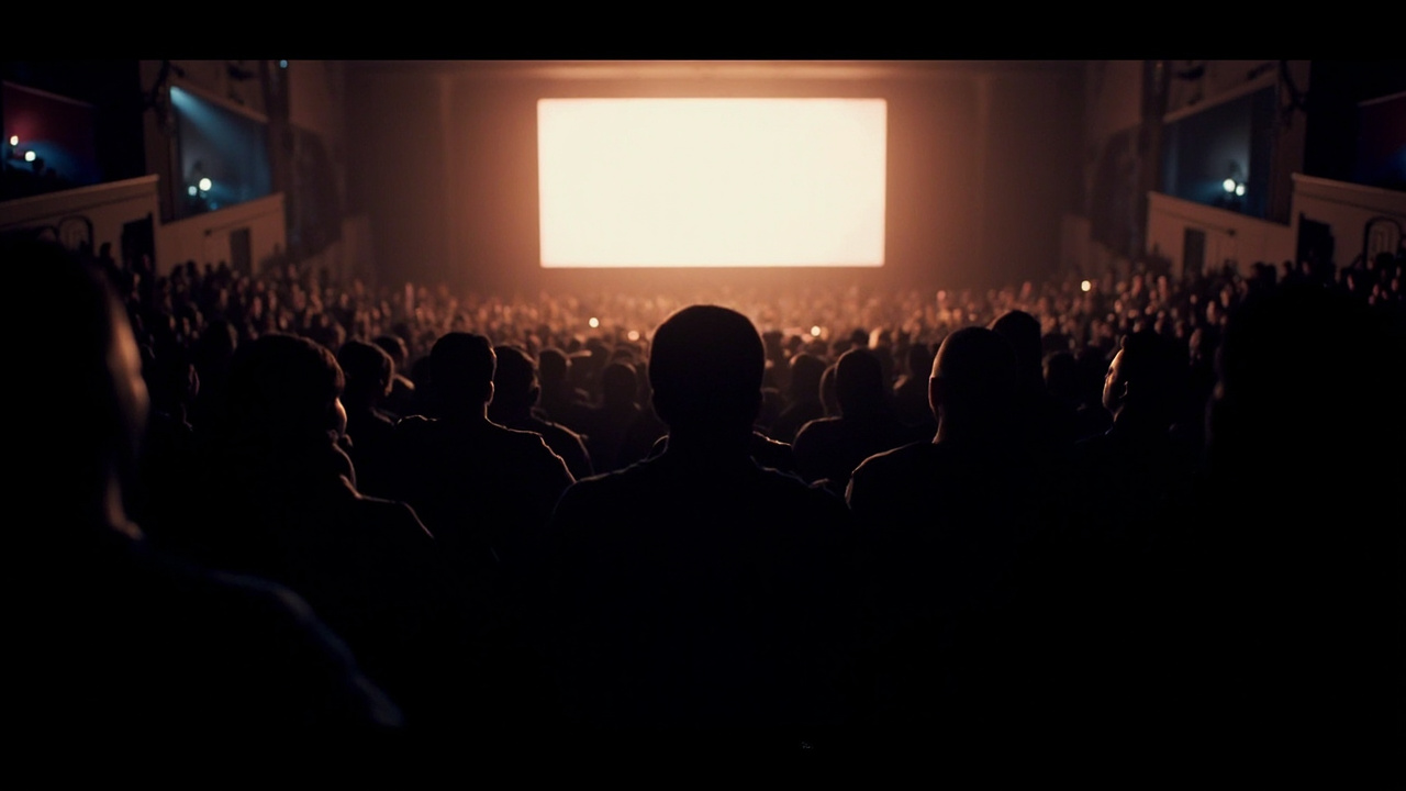 A packed movie theater audience watching a film on a giant screen