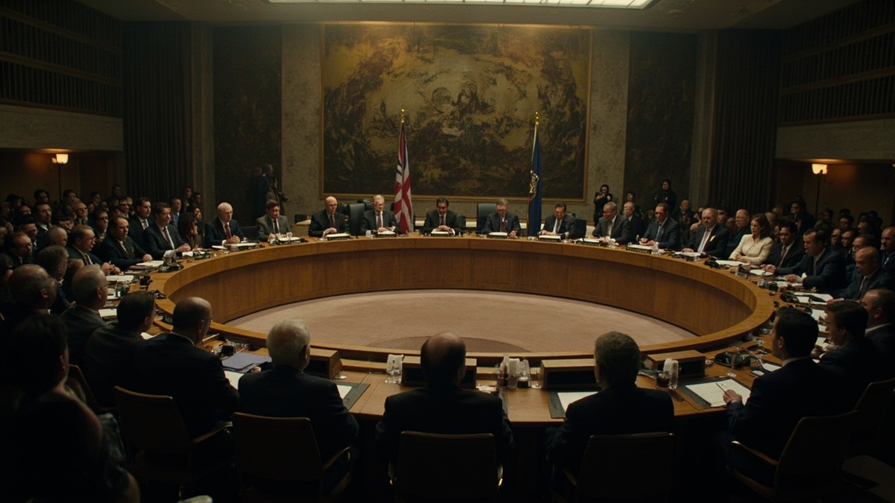 Diplomatic conference room with flags of multiple nations