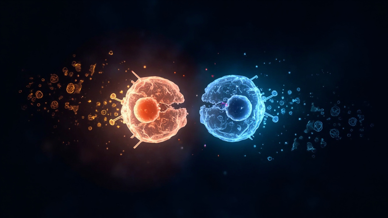 A molecular diagram showing two drug molecules attacking a cancer cell from different angles