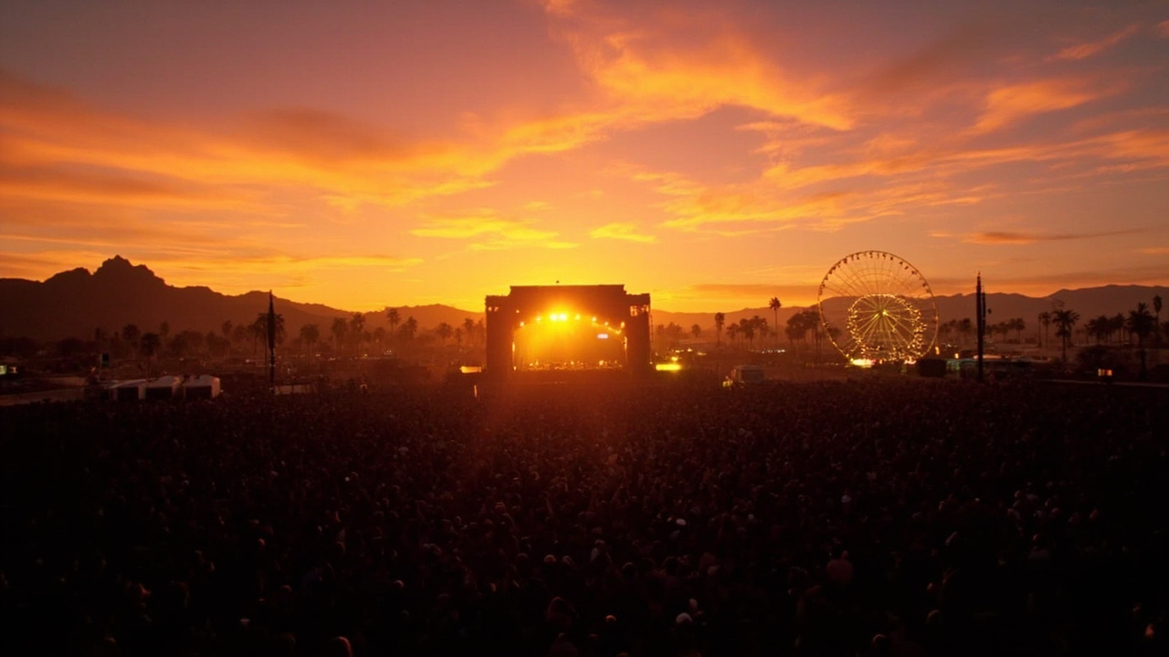 Coachella main stage at sunset with the iconic Ferris wheel in the distance