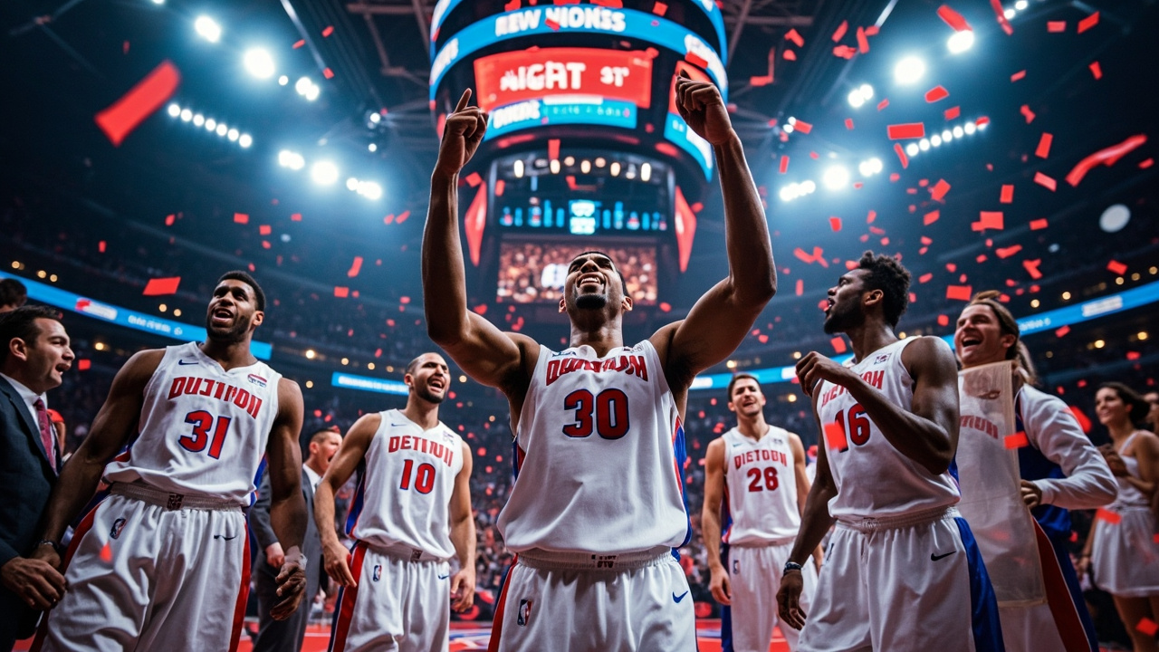 The Detroit Pistons celebrating on court after clinching the number one seed