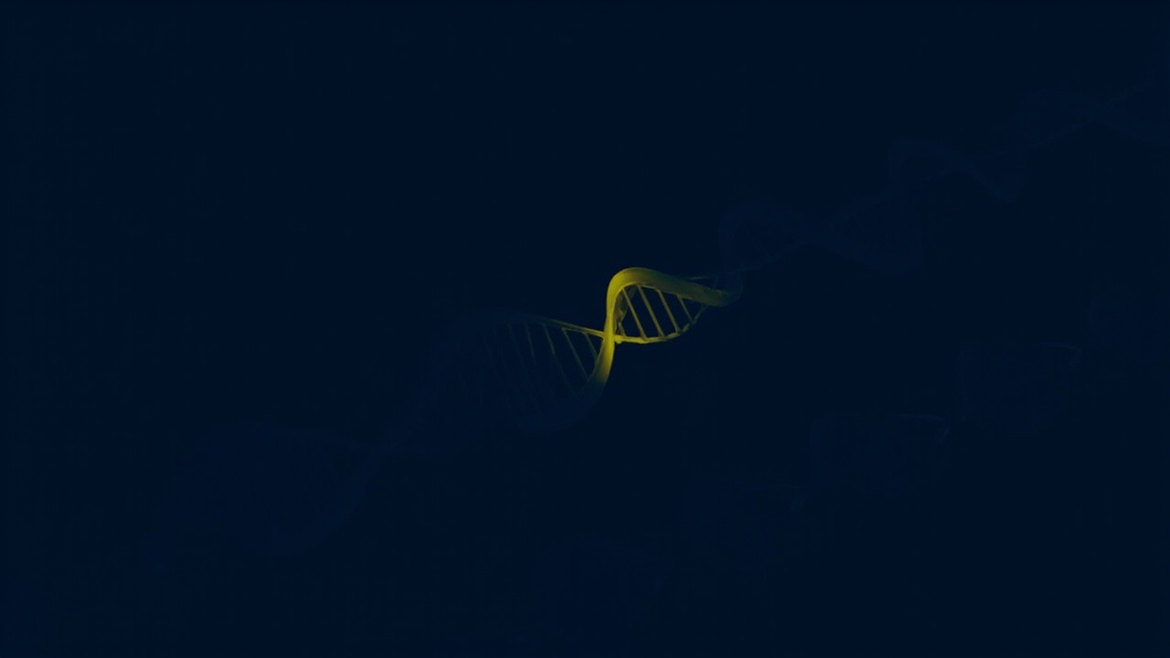 A close-up illustration of a DNA double helix with one glowing base pair highlighted