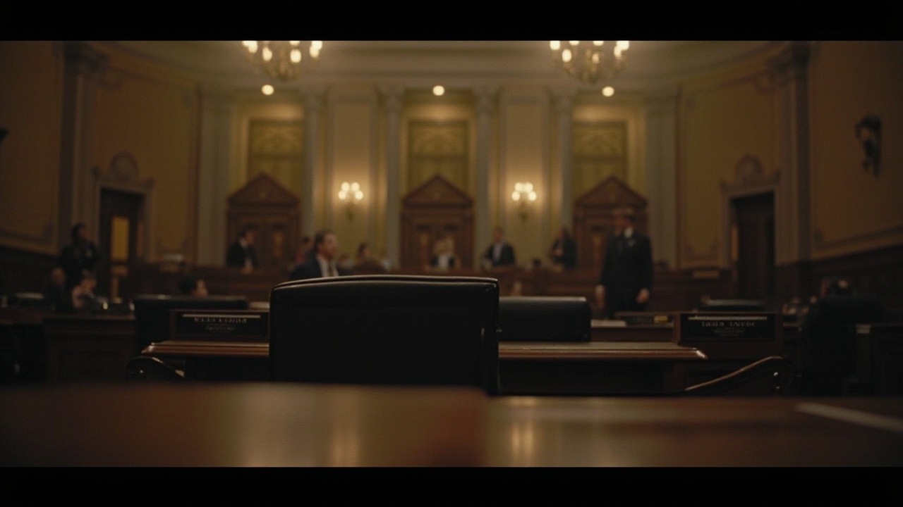 Congressional committee room with empty chairs
