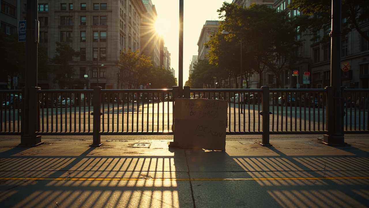 An empty protest square with abandoned signs leaning against a fence