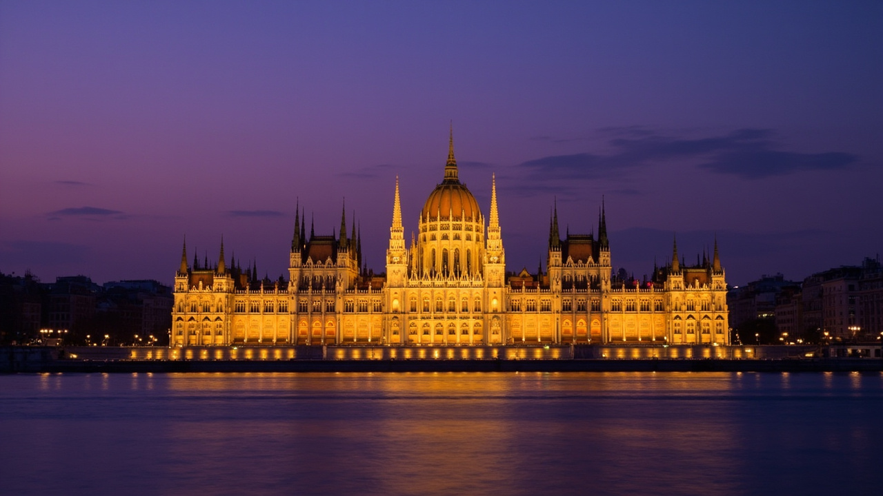 Hungarian parliament building on the Danube at dusk with election campaign banners visible along the embankment