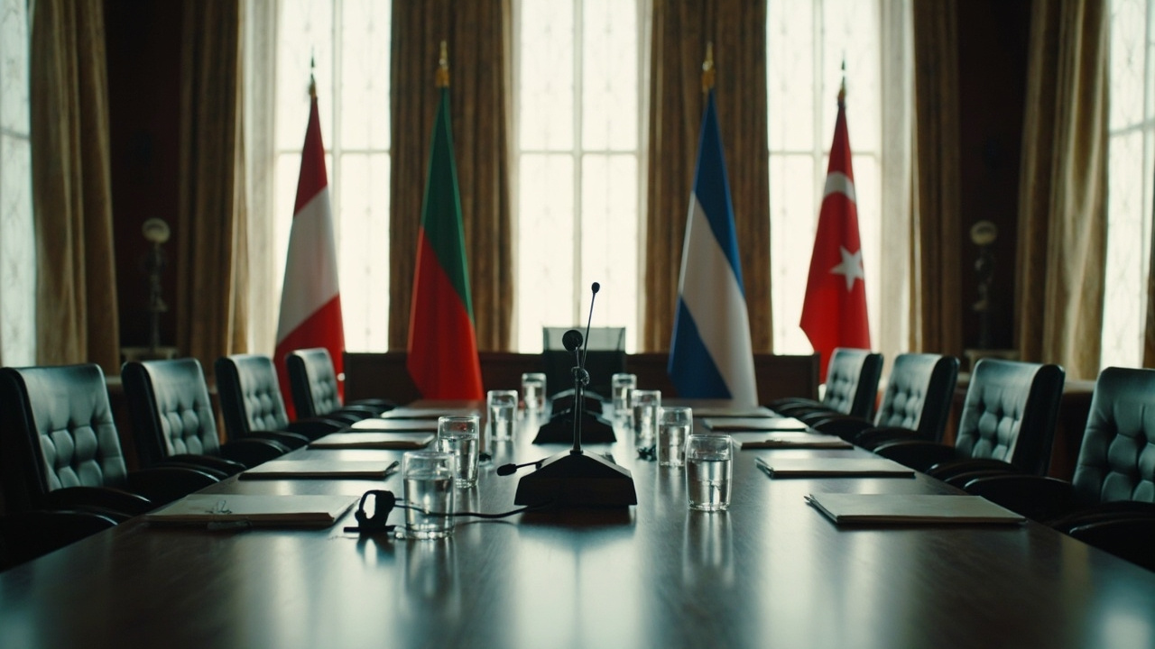 Split image of Israeli and Lebanese flags with diplomatic table