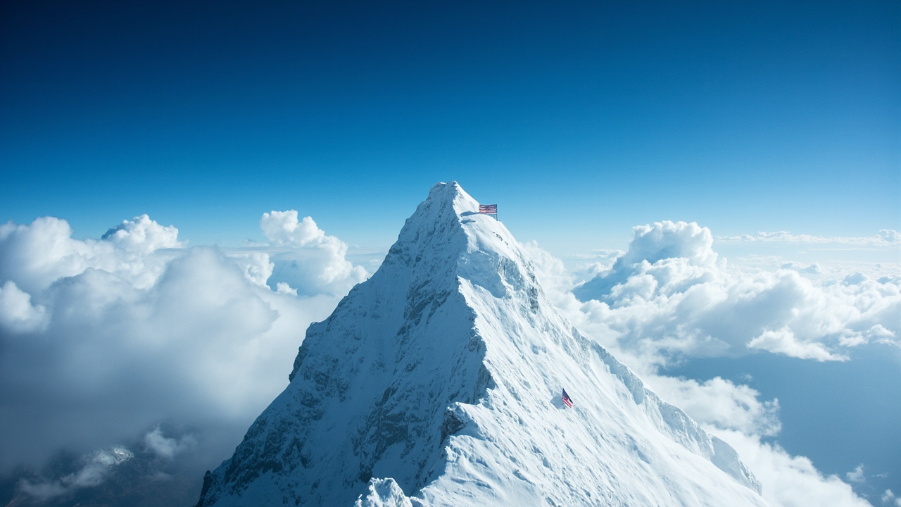 A snow-covered mountain peak with an American flag planted at the summit