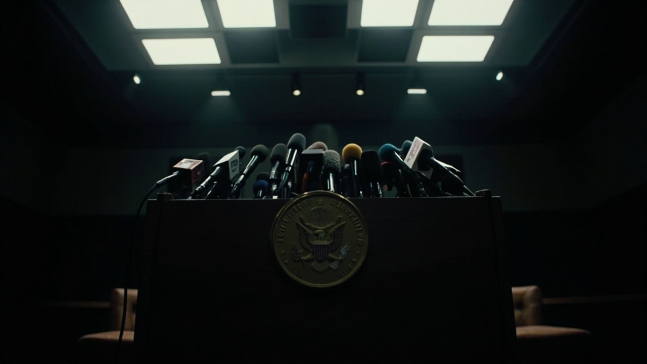 An empty NTSB press podium with microphones and no speaker