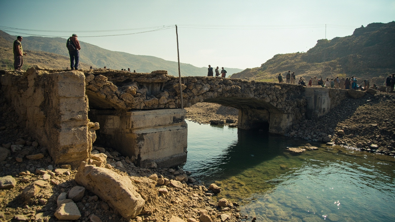 Collapsed bridge over a river with people watching from the bank