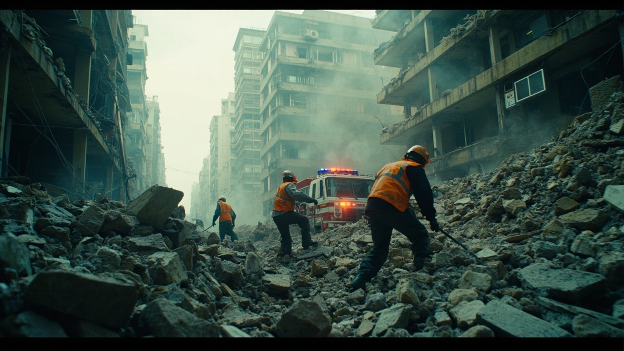 Rescue workers searching rubble in central Beirut after Israeli airstrikes with dust and smoke filling the frame