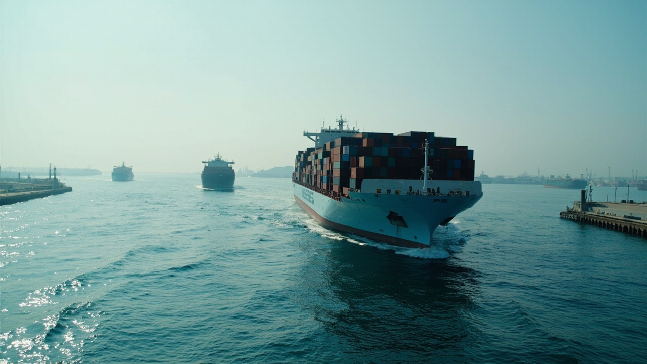 Container ship waiting outside strait with other vessels