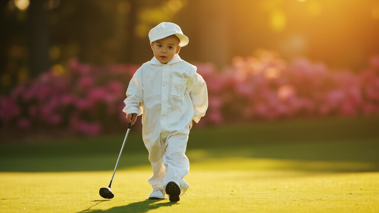 A golfer's young child in a white caddy uniform carrying a putter at Augusta National