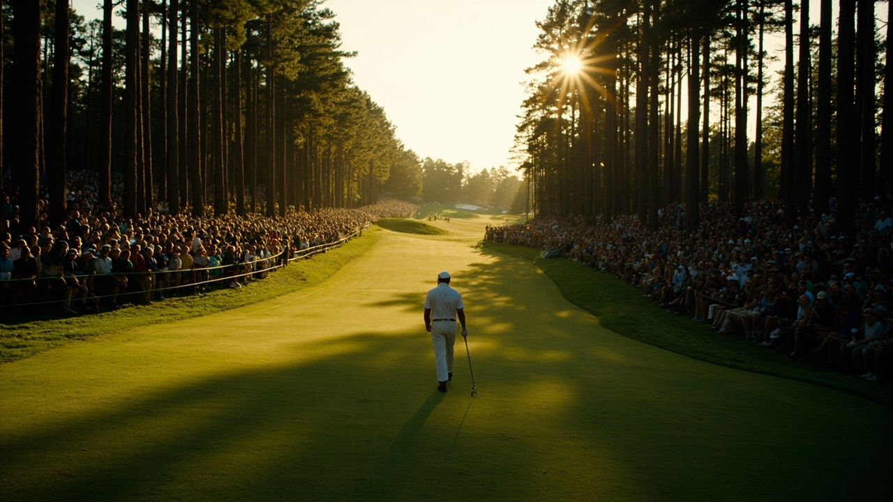 Rory McIlroy walking up the 18th fairway at Augusta National with towering pines and afternoon shadows