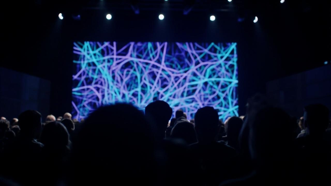 Meta AI logo on a screen with neural network visualization