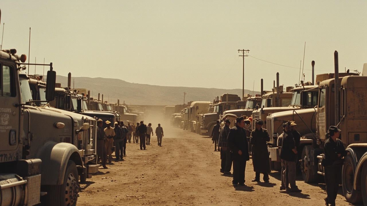Line of idle trucks at a Mexican fuel station