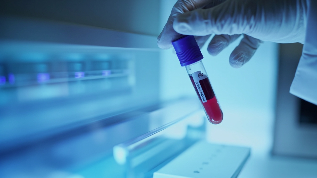 A laboratory vial of blood being analyzed by a sequencing machine