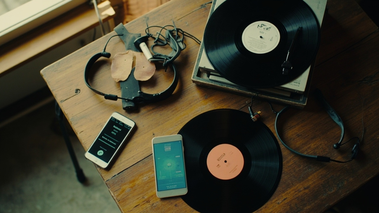 Vinyl records and headphones arranged on a colorful surface for New Music Friday