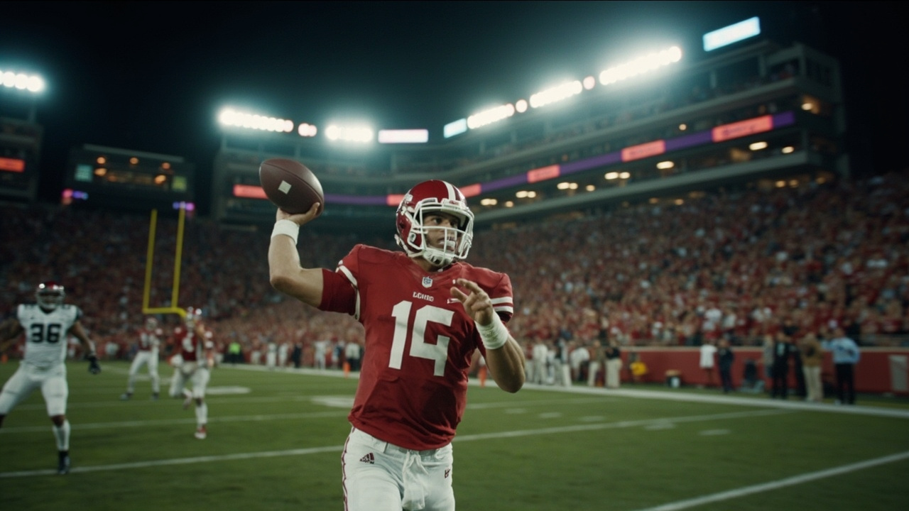 A football quarterback in a college uniform throwing a deep pass in a packed stadium
