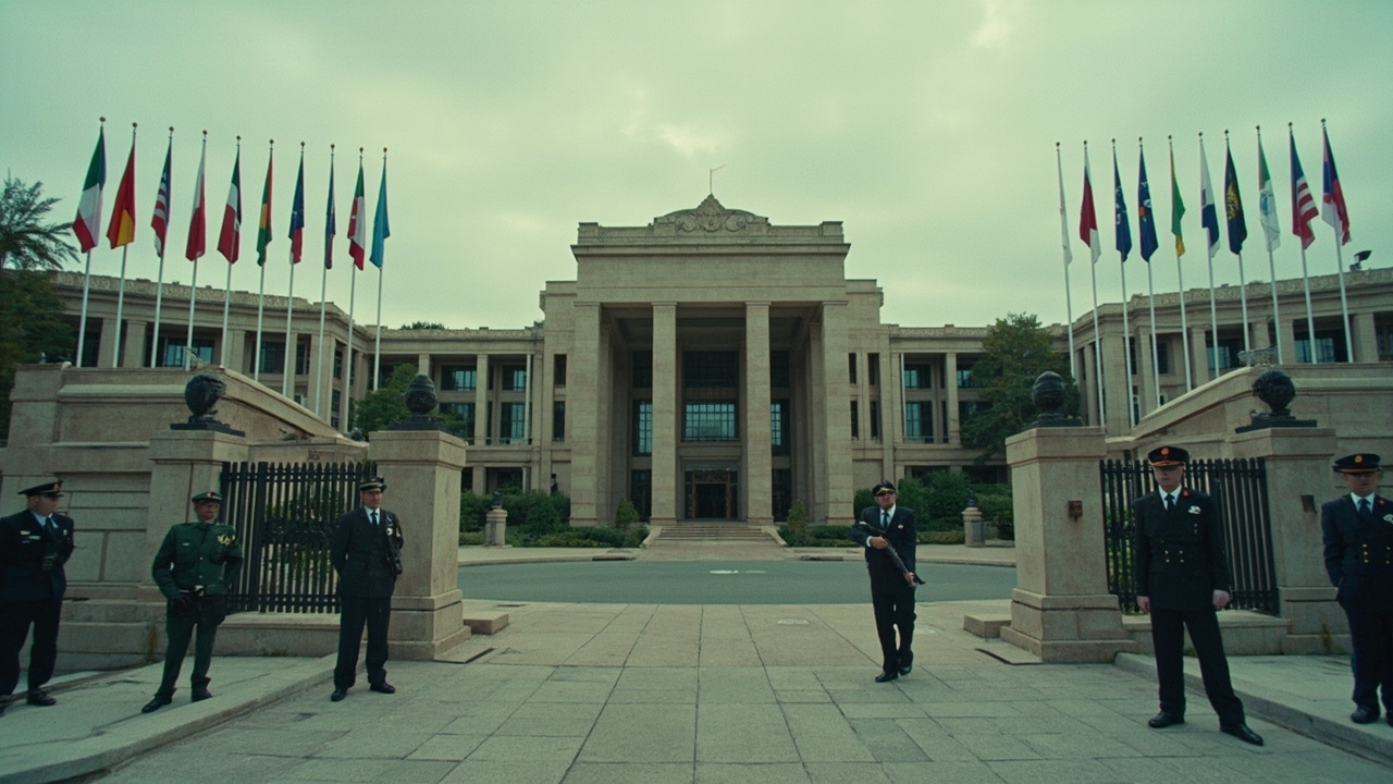 The Serena Hotel Islamabad with security barriers and diplomatic flags