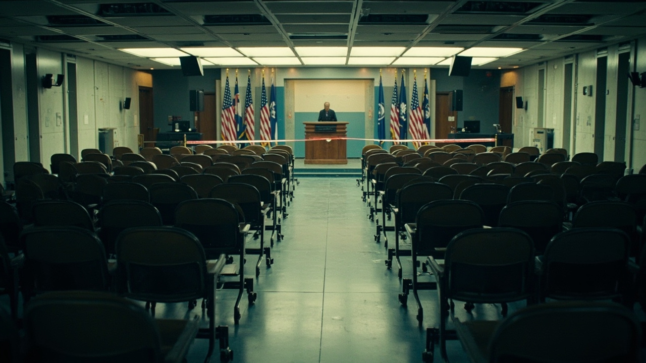 Empty Pentagon press briefing room with barrier tape