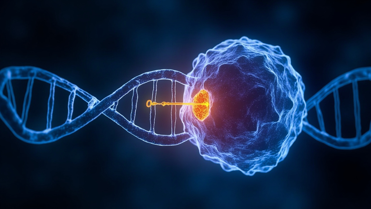 Illustration of the Pol theta enzyme bridging broken DNA strands inside a cancer cell
