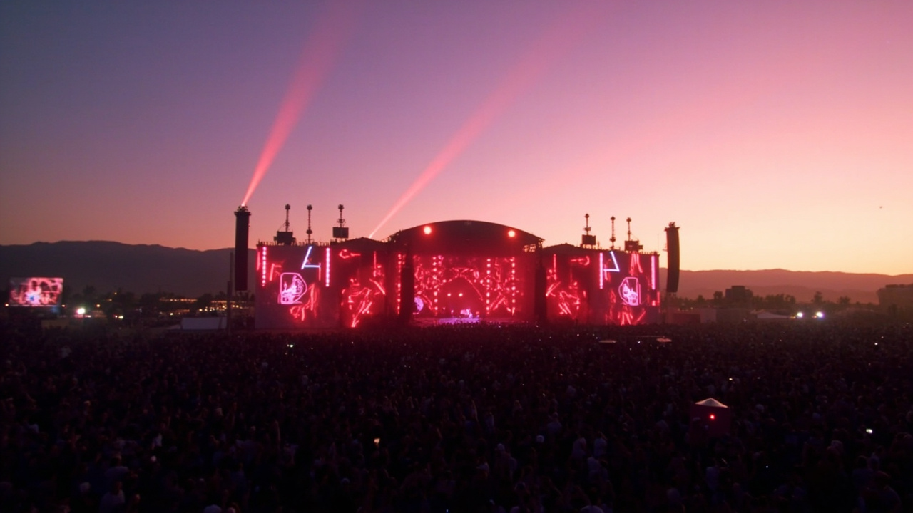 Concert stage at sunset in the desert with elaborate lighting and a massive crowd