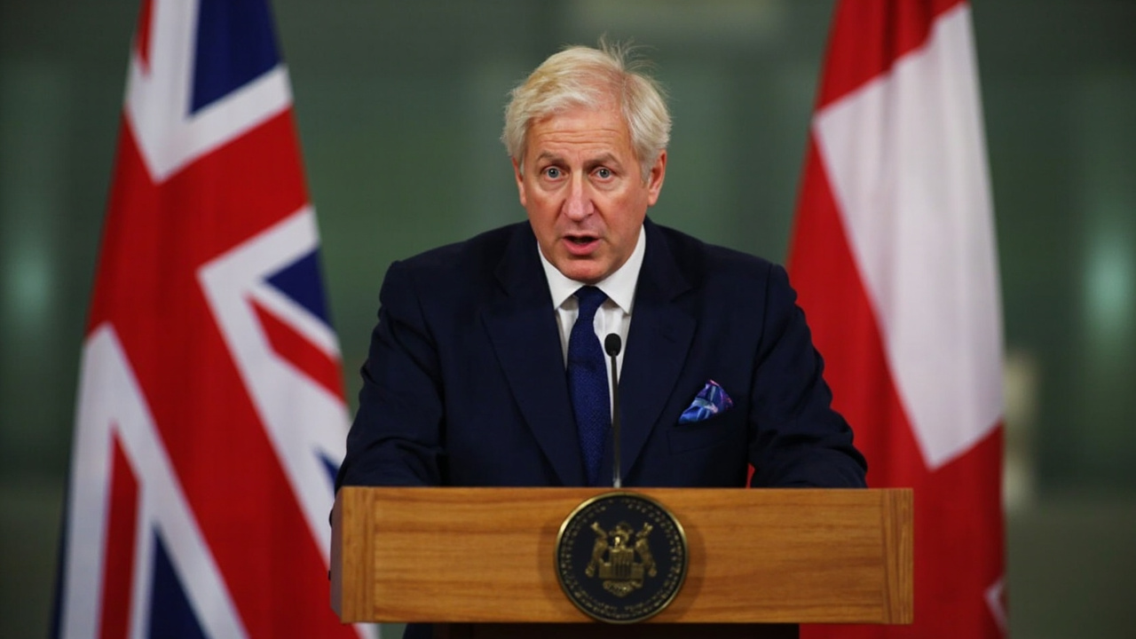 British Prime Minister Keir Starmer speaking at a podium during a Gulf state visit