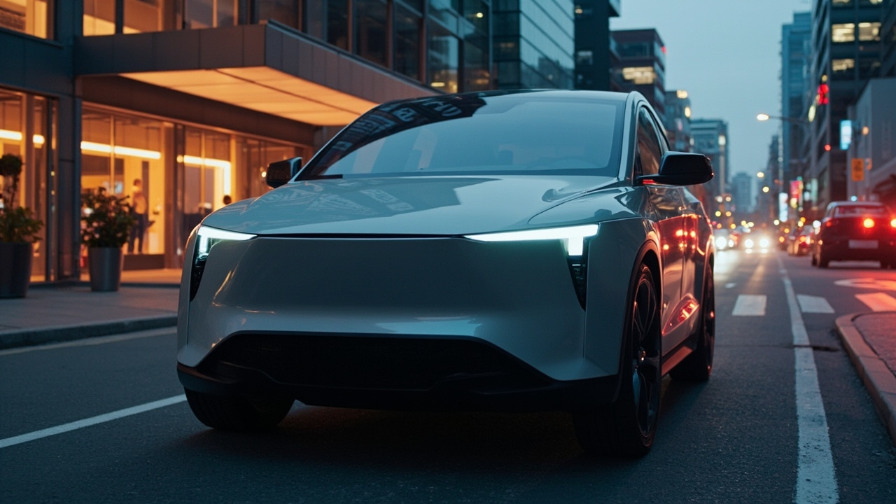 A compact electric SUV silhouette in Tesla's design language parked in a Shanghai street