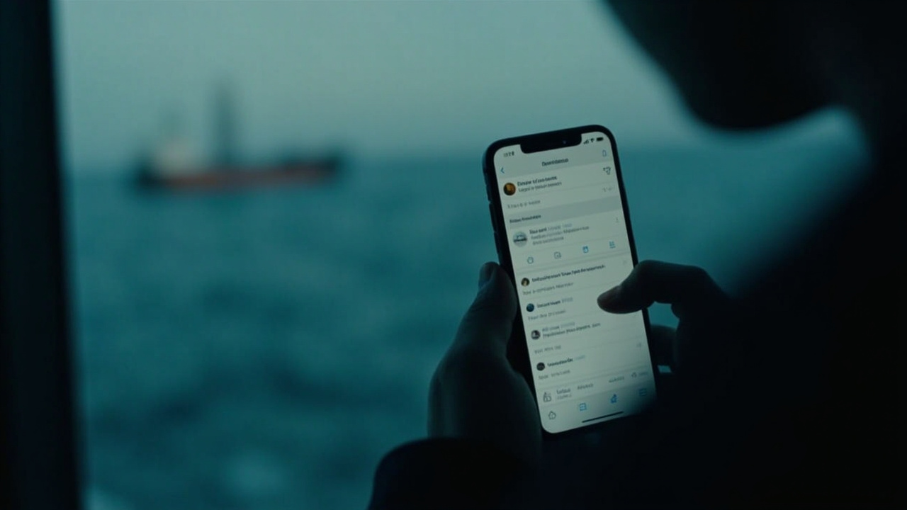 Truth Social post displayed on a phone screen with oil tanker in background