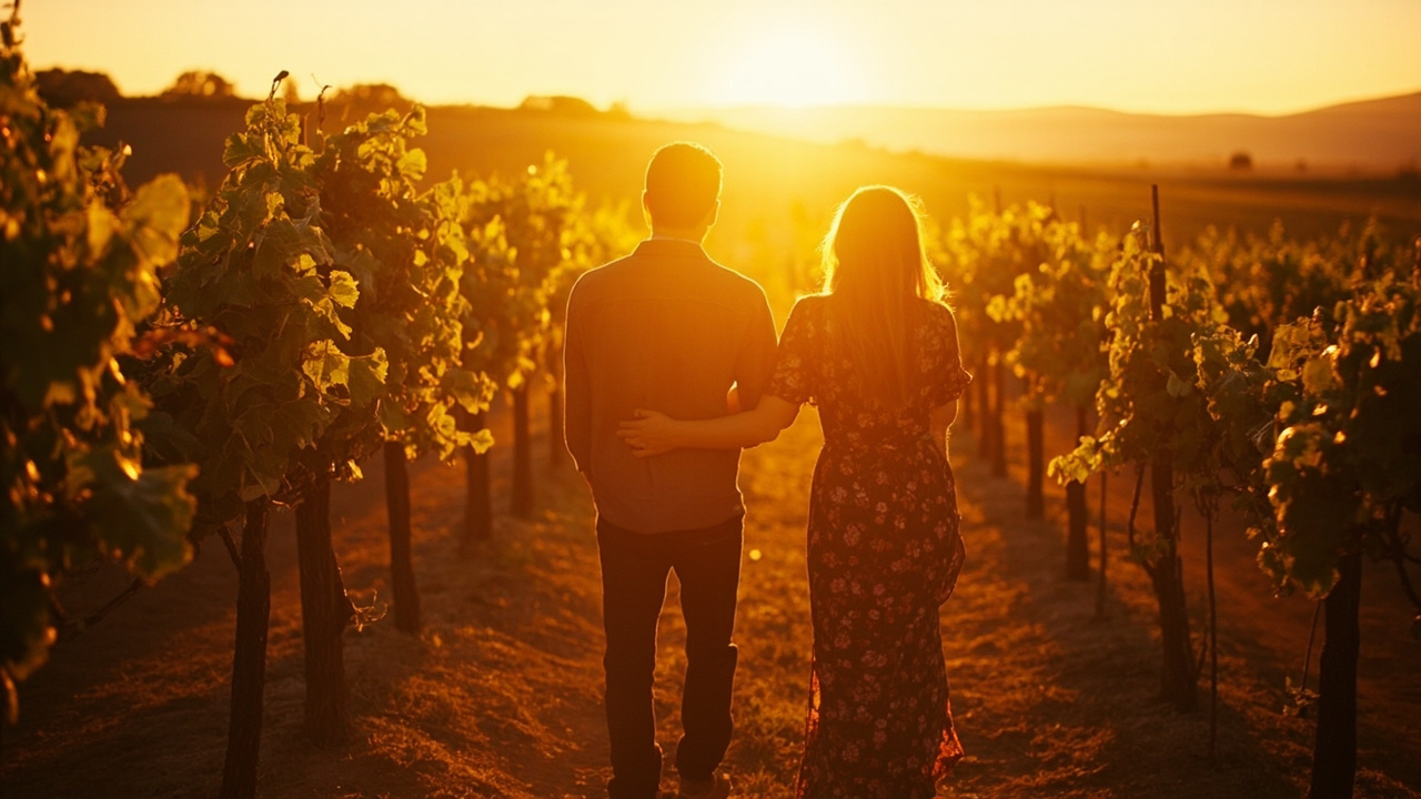 A sunlit Tuscan vineyard with two figures walking together in golden hour light