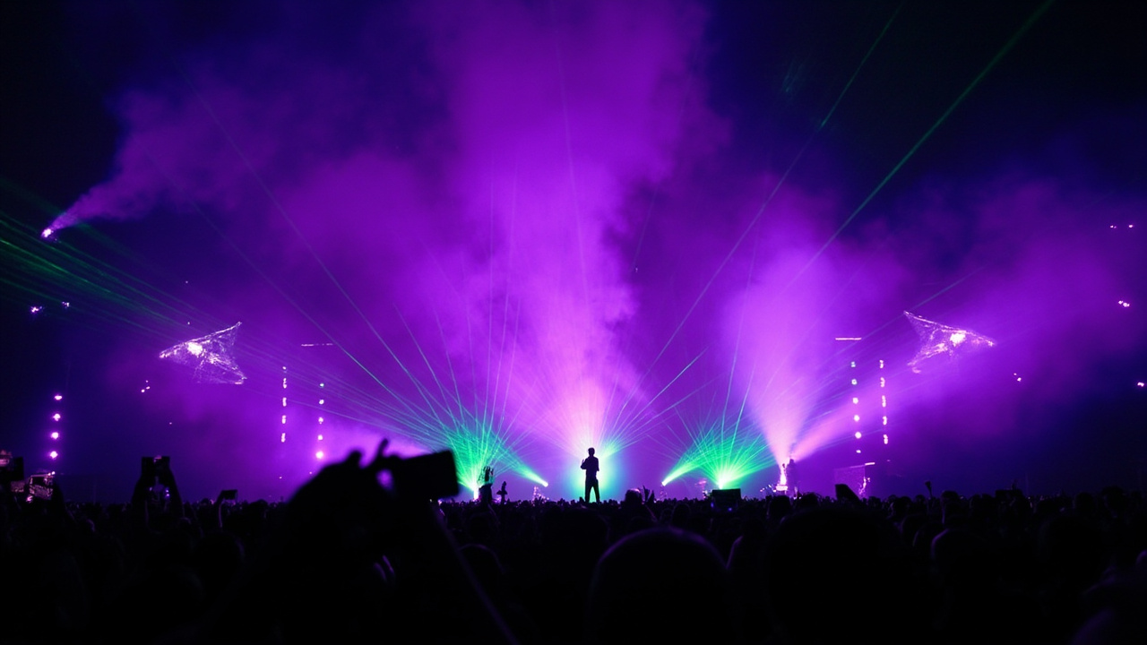 A rapper silhouetted against festival stage lights in a desert setting at night