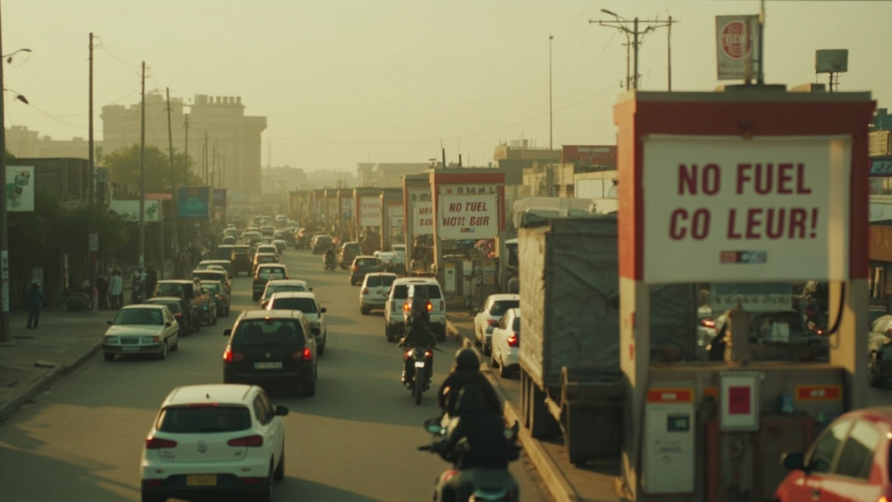 Long queue of vehicles at a gas station in an African city with empty fuel pumps