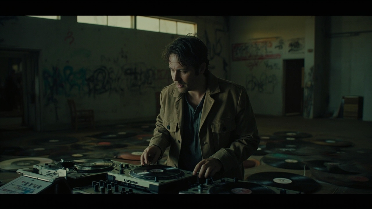 An empty DJ booth with turntables and vinyl records in a dimly lit community center in the South Bronx