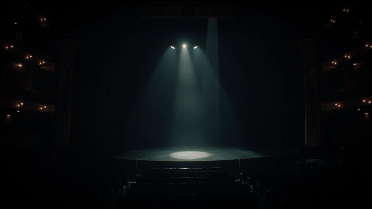 A ghost light standing alone on an empty West End stage