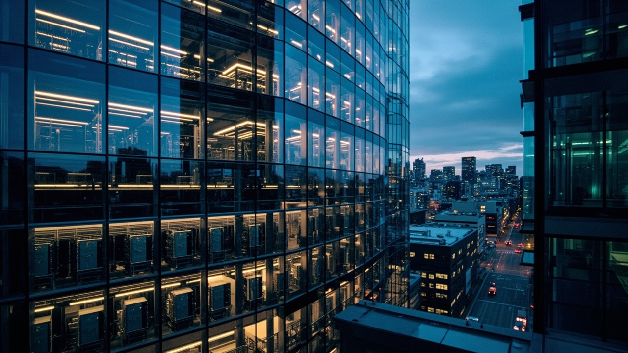 A glass-walled corporate office tower reflecting server farm lights against a twilight sky