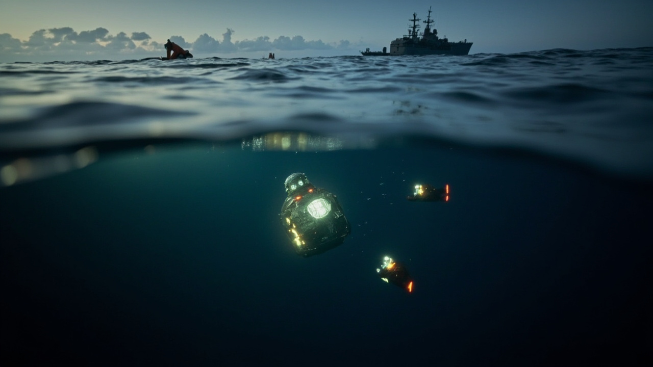 A small spacecraft capsule floating in dark Pacific Ocean waters at twilight, recovery divers in orange suits swimming toward it, USS John P. Murtha visible in background