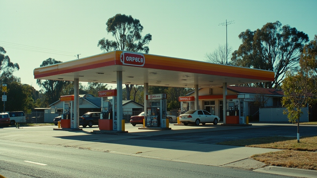 Australian petrol station with some pumps operational and queue of cars