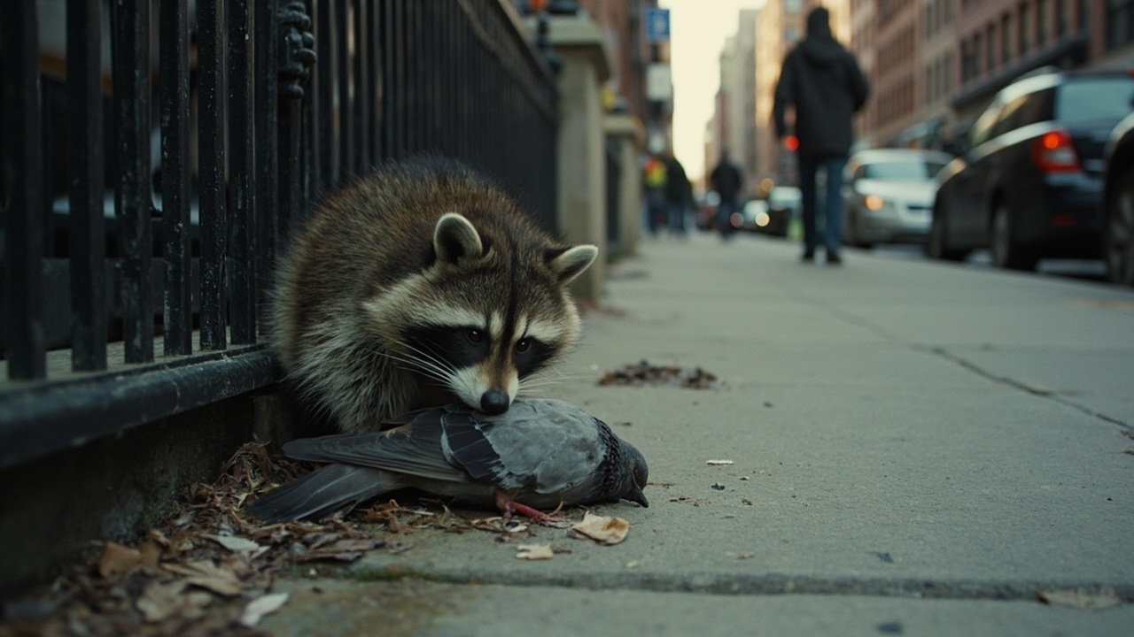 A raccoon near a dead bird on a New York City street