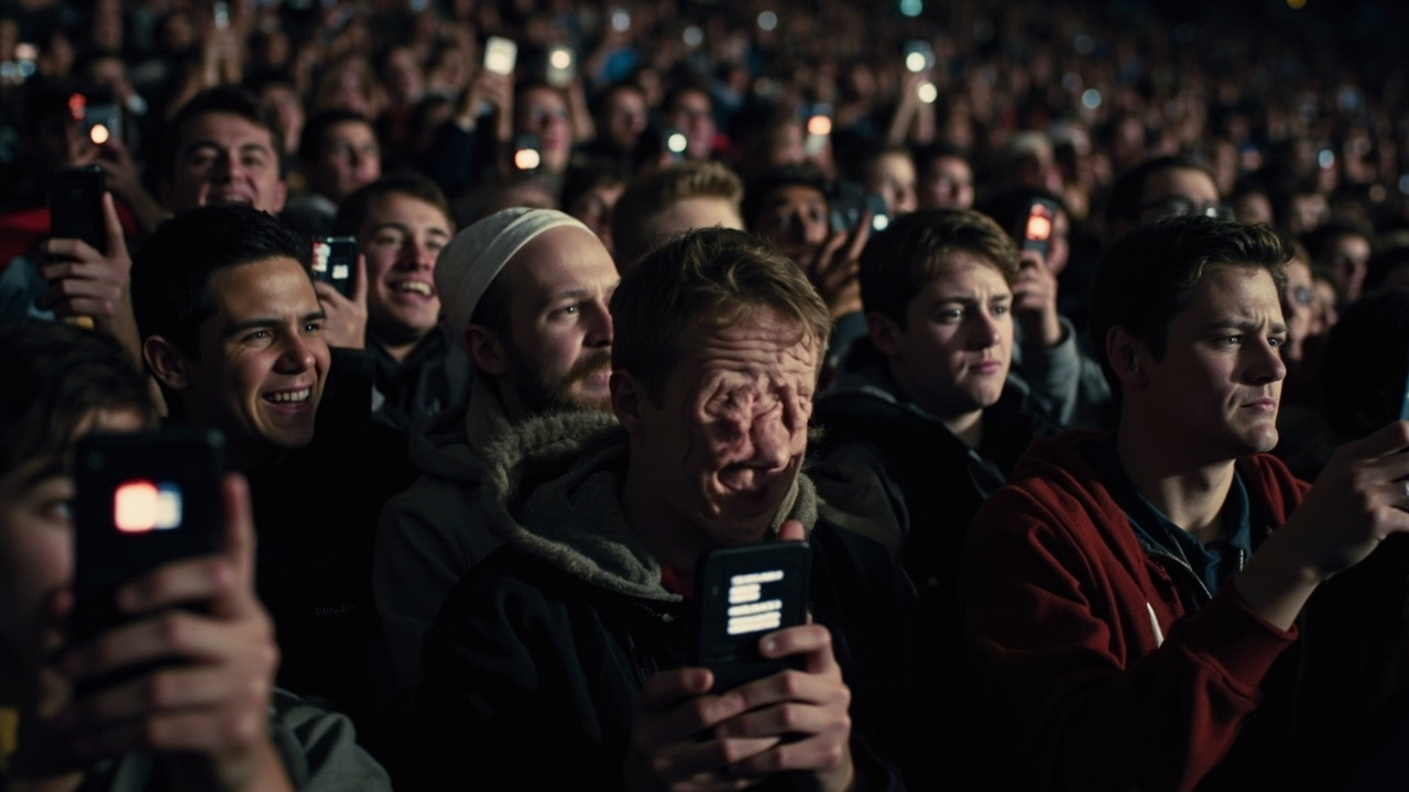 Hundreds of young fans holding phones in a crowded arena concourse, screens showing error messages and loading bars, expressions of frustration and determination