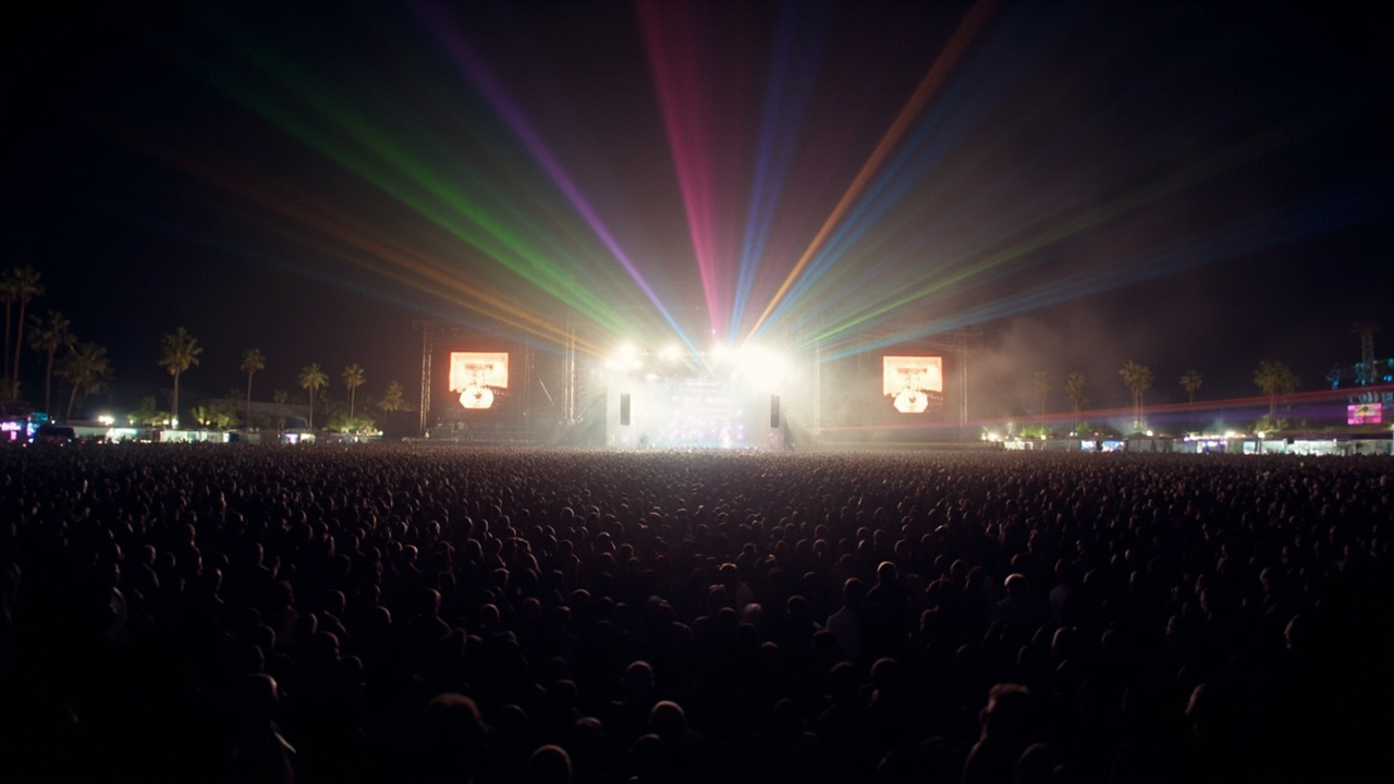 Massive festival crowd at night with colorful stage lights at the Coachella main stage