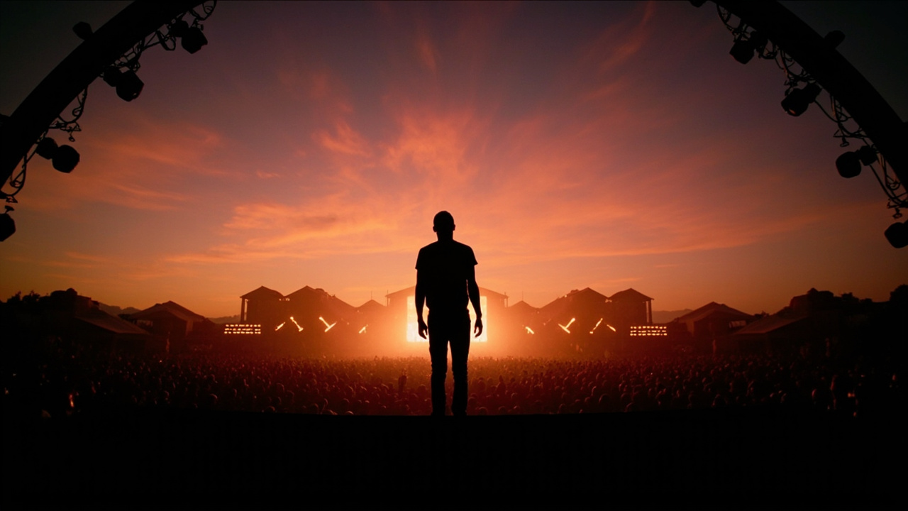 A lone performer silhouetted on the massive Coachella main stage at dusk with the desert sky glowing behind the crowd