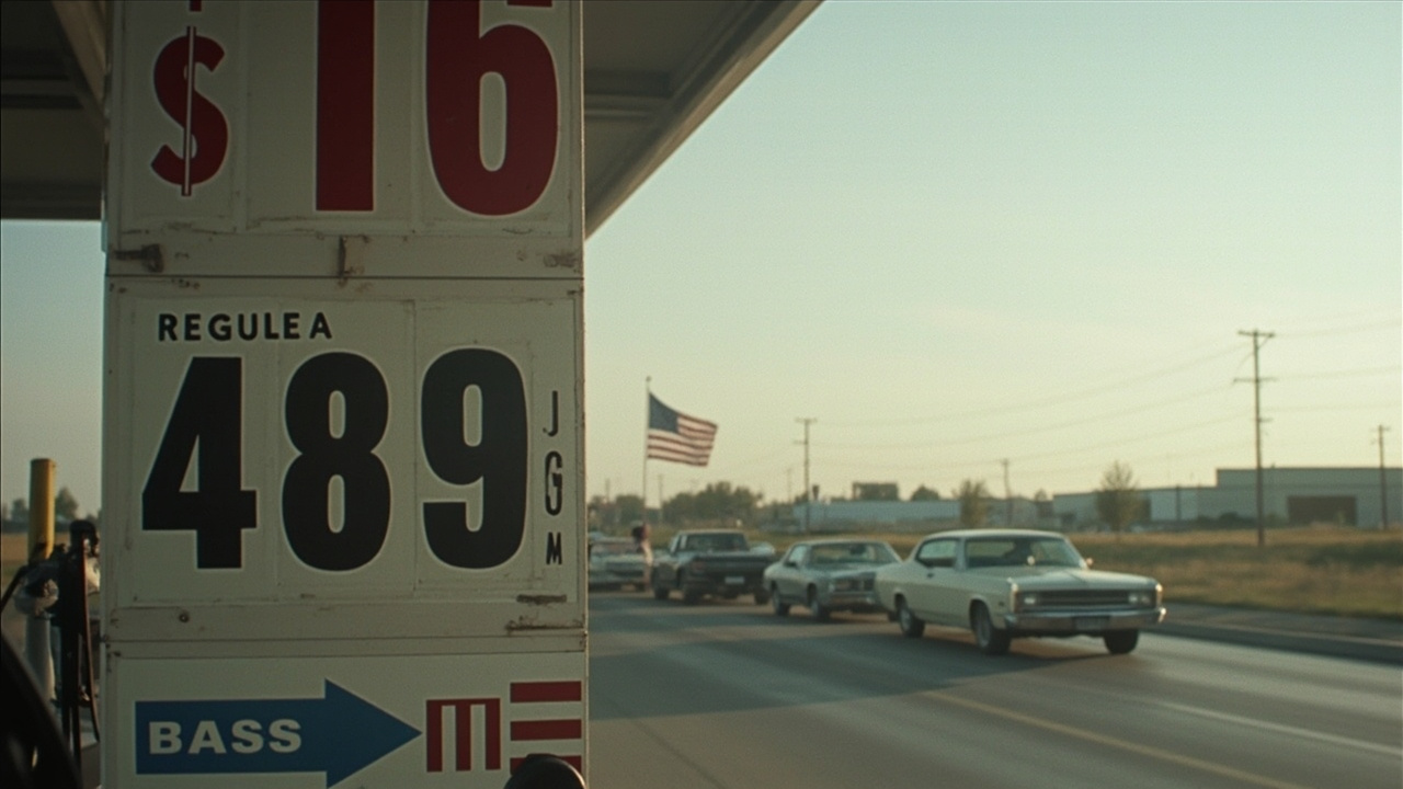 A gas station price sign showing high prices with a long line of cars stretching into the distance under an American flag