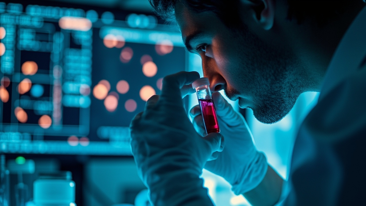 A close-up of a medical lab technician examining a blood sample vial under fluorescent light, with a CRISPR gene-editing visualization glowing on a computer screen in the background