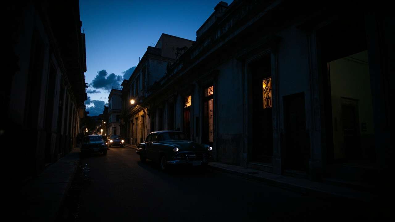 Havana street at dusk with most buildings dark and one lit by candlelight