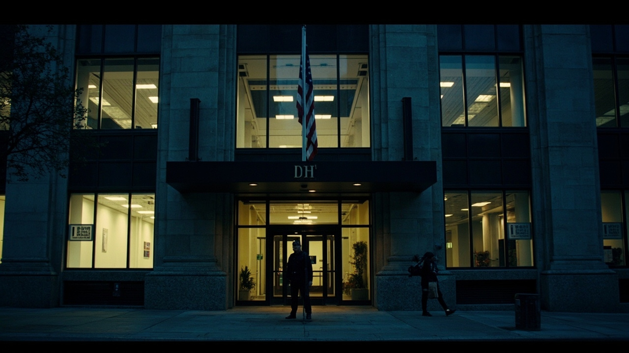 The facade of DHS headquarters in Washington DC with half the office windows lit and half dark an American flag at half-staff and a single security guard at the entrance