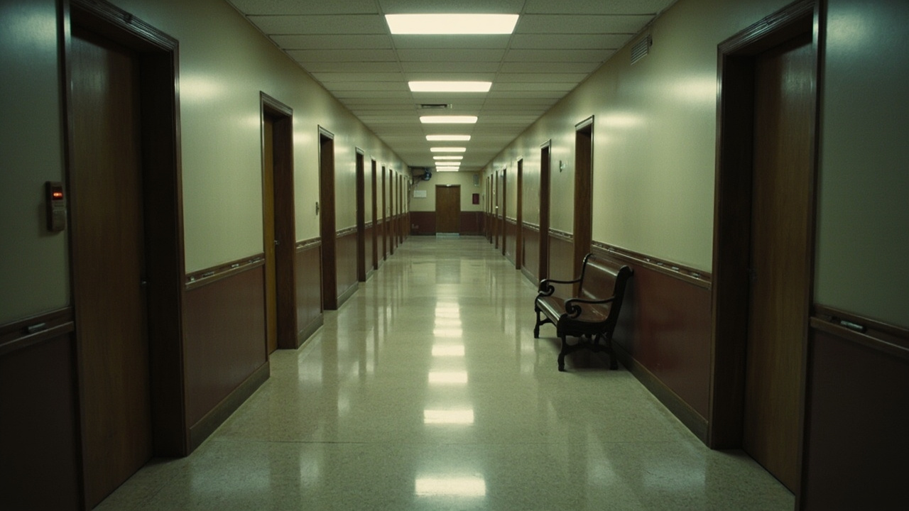 Empty federal courtroom hallway with no reporters or cameras
