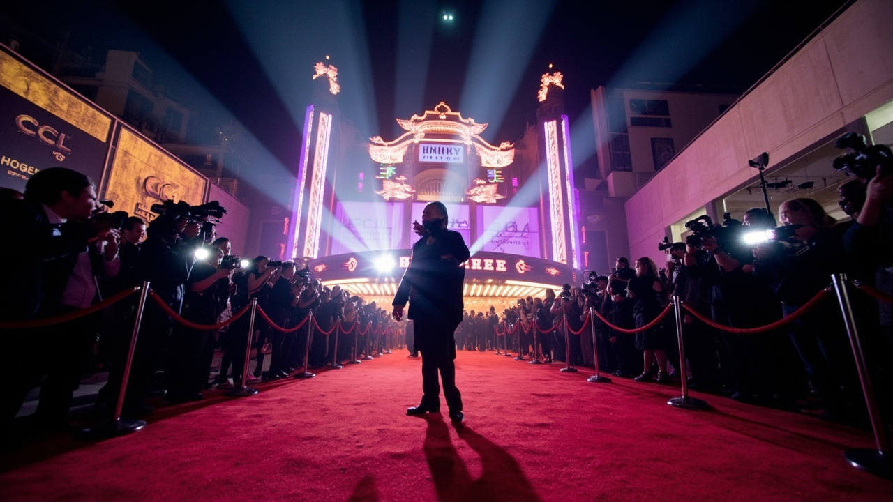 A red carpet premiere event at a grand Hollywood theater with searchlights crossing the night sky and crowds behind velvet ropes